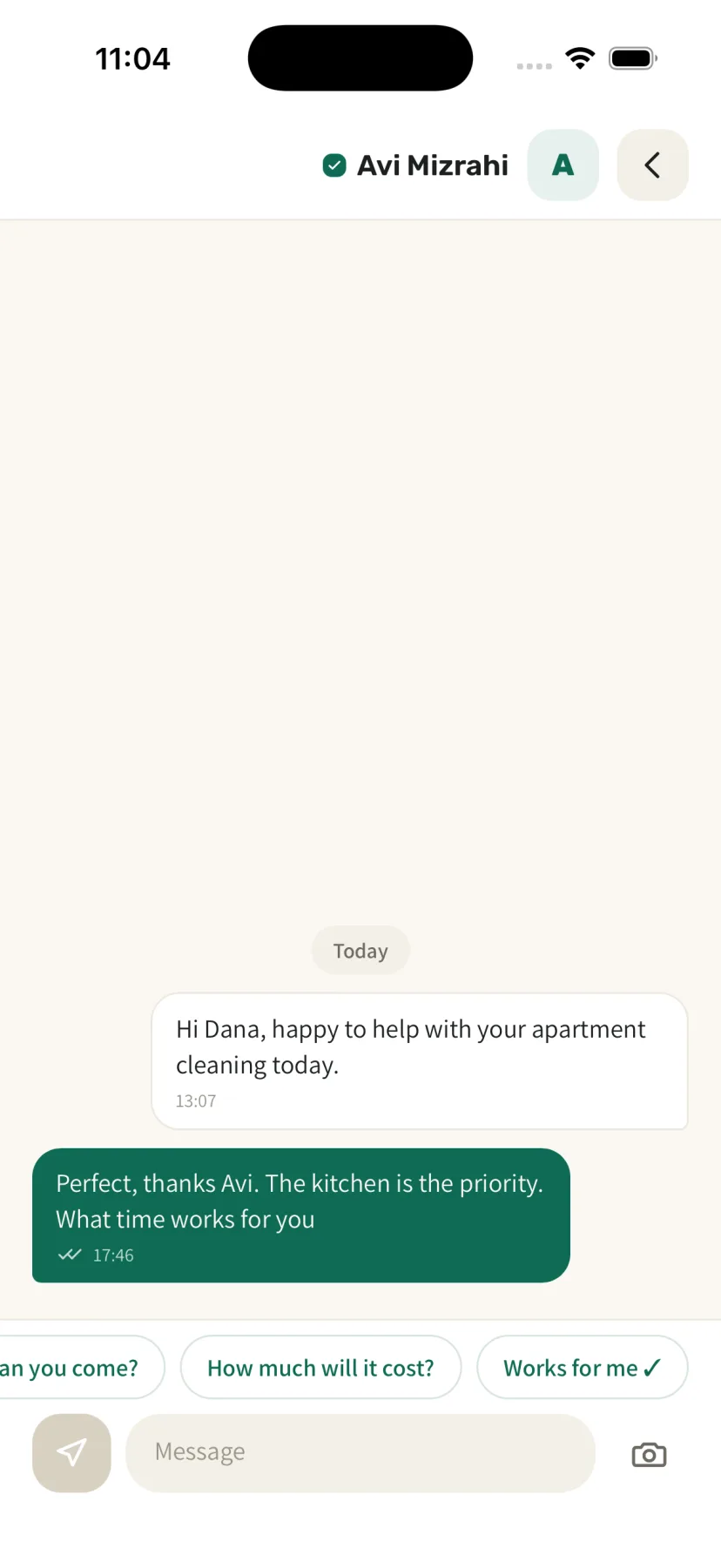 A Sagur chat between a customer and a pro about a cleaning job