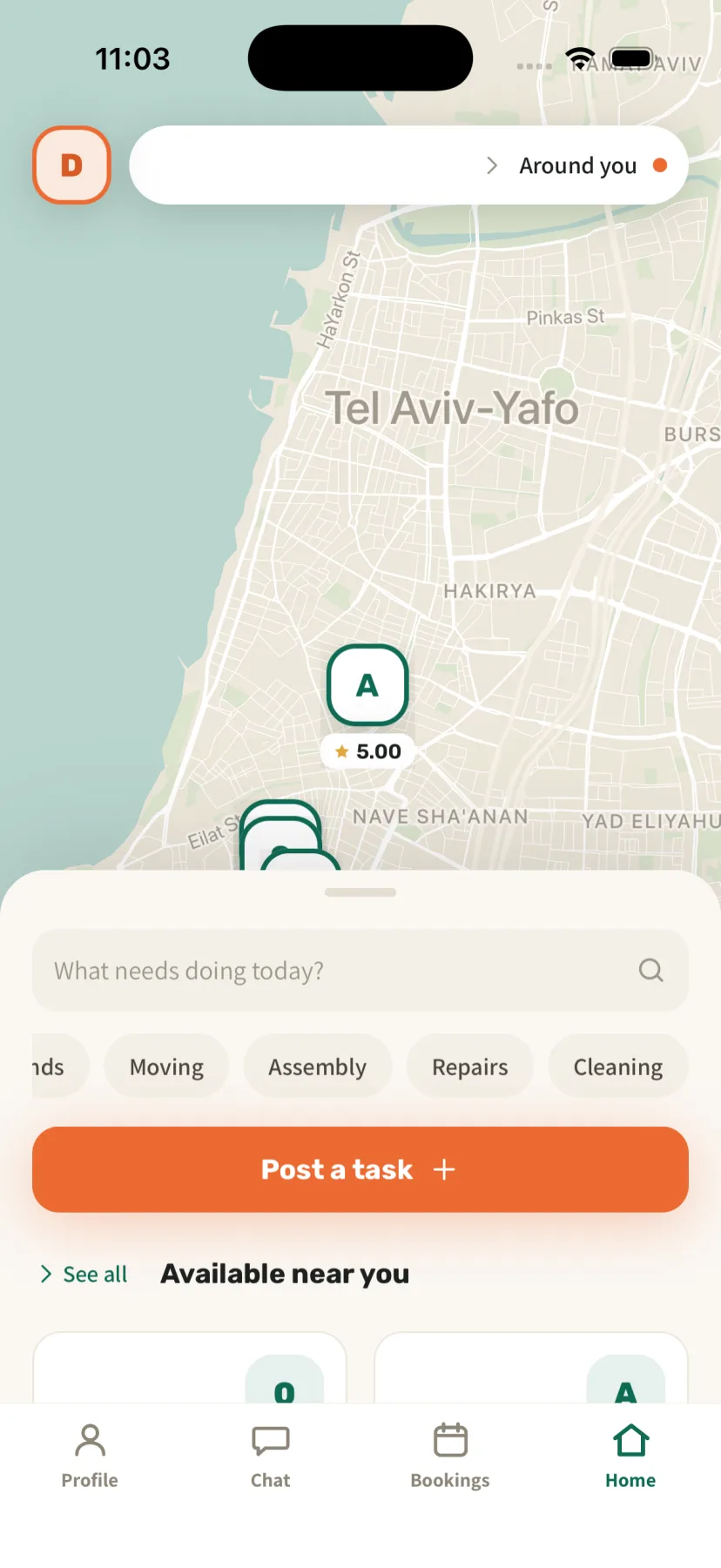 Sagur home screen showing a map of Tel Aviv with nearby pros and the Post a task button