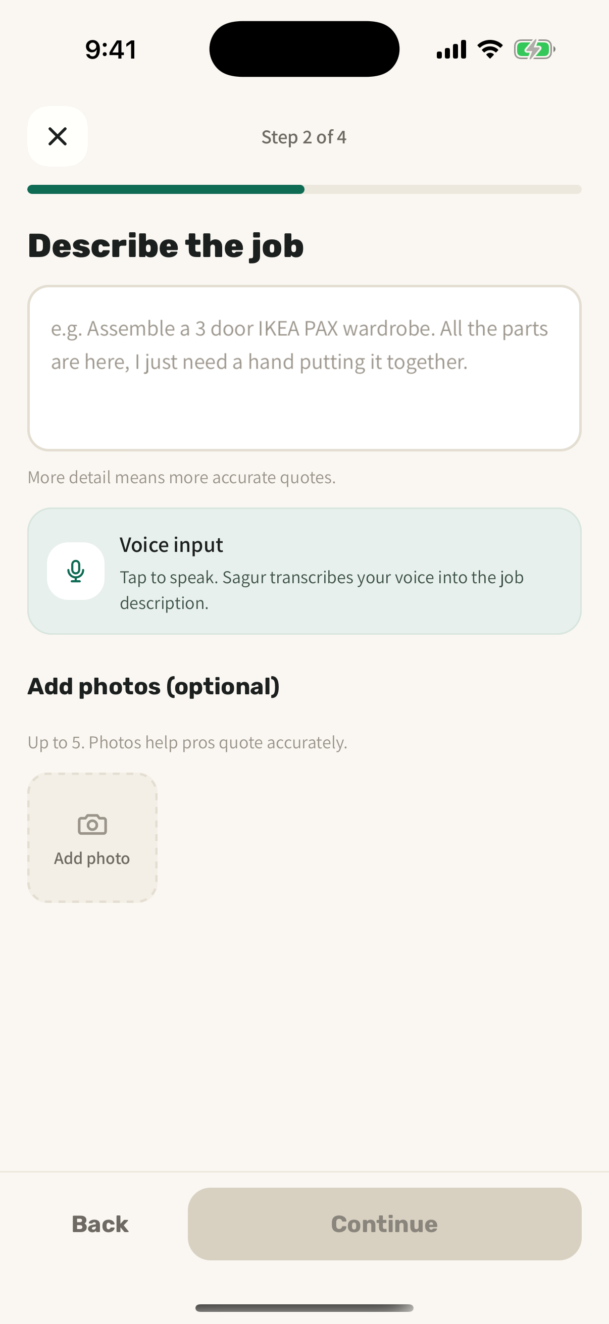 Sagur task form for describing the work and adding photos