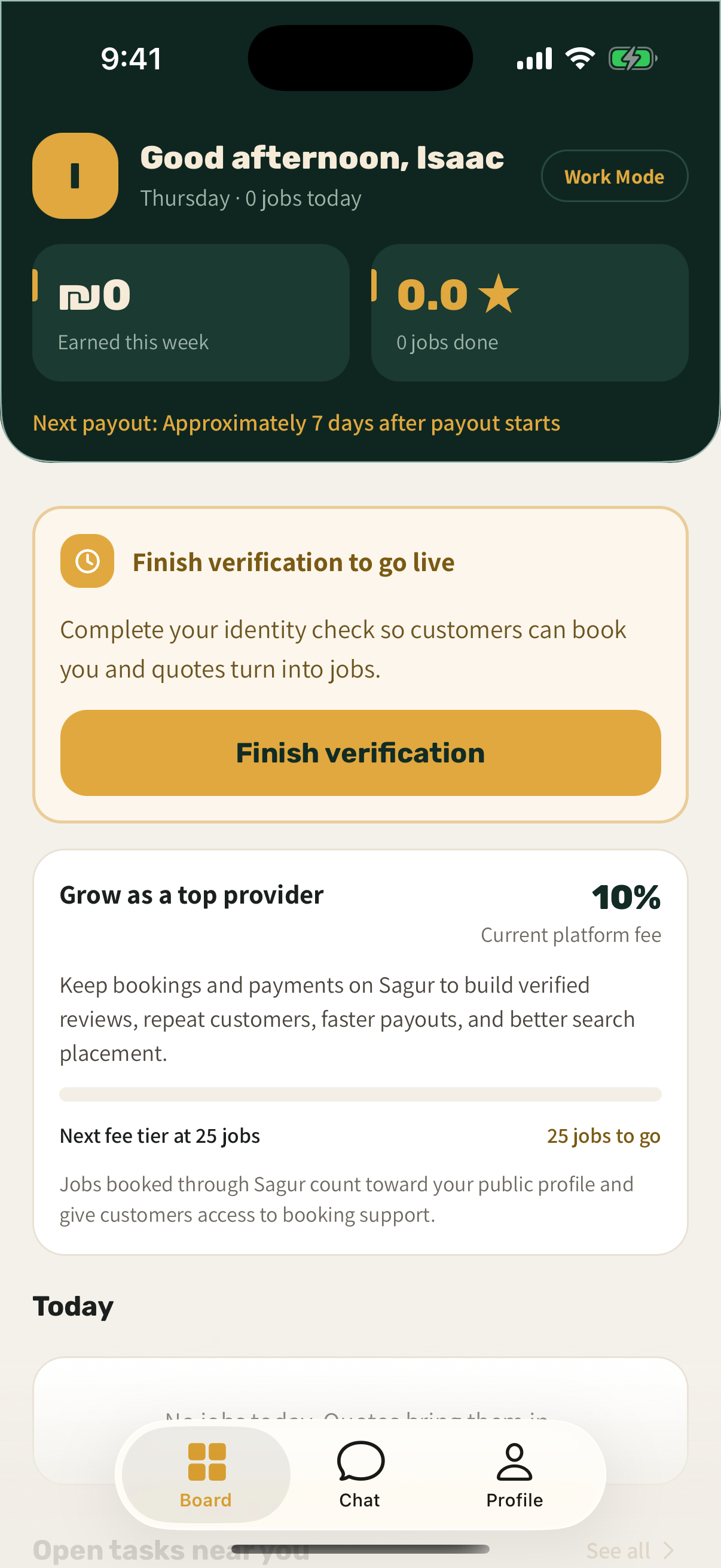 Sagur Work Mode dashboard with job details, chat, and payout status together