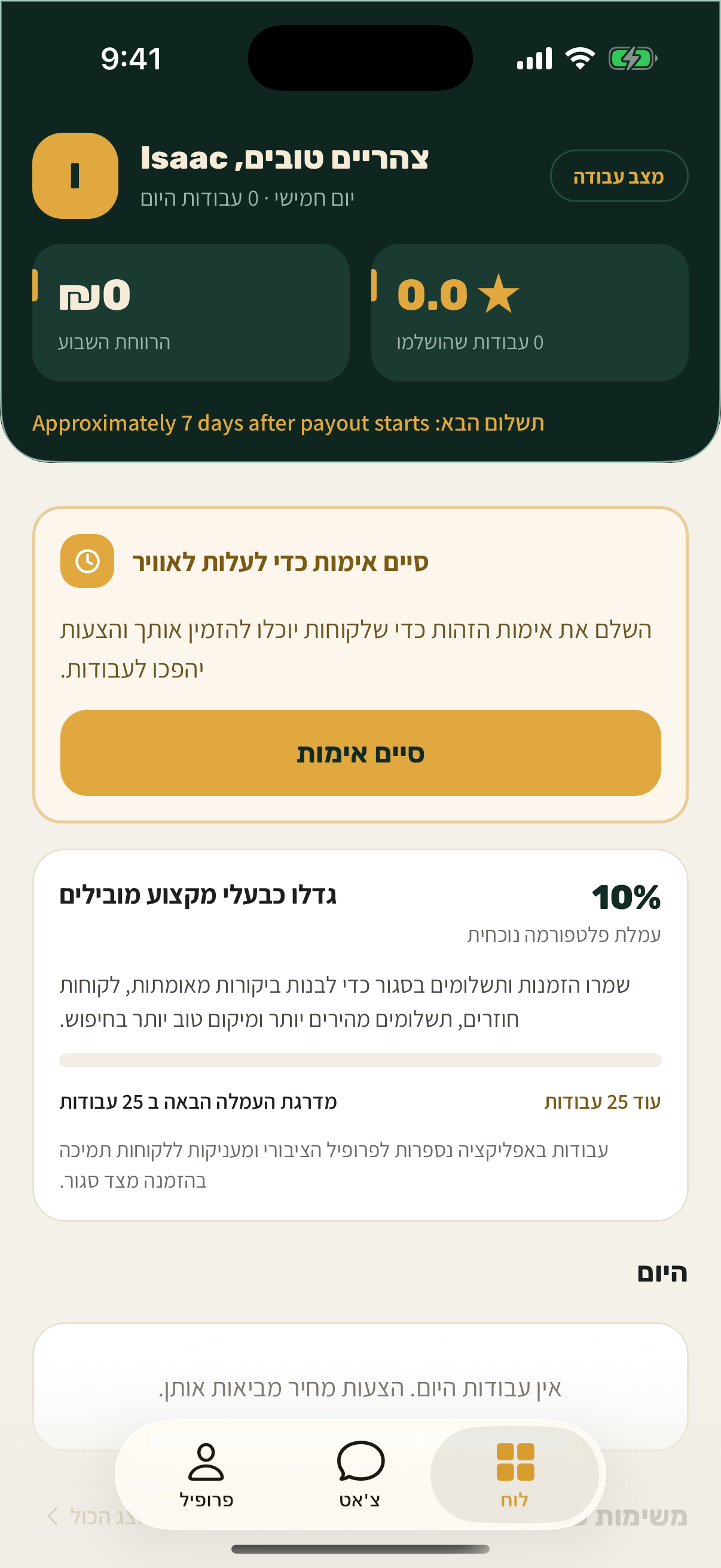 מצב עבודה לבעלי מקצוע בתוך Sagur