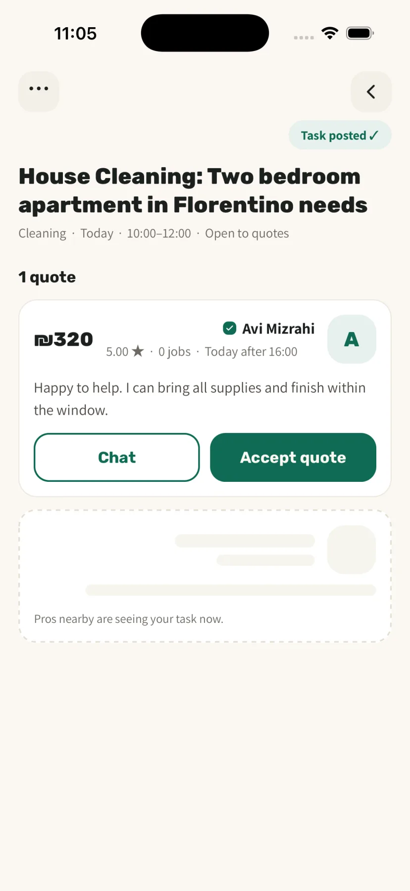 A Sagur task with an incoming quote from a verified pro, ready to accept