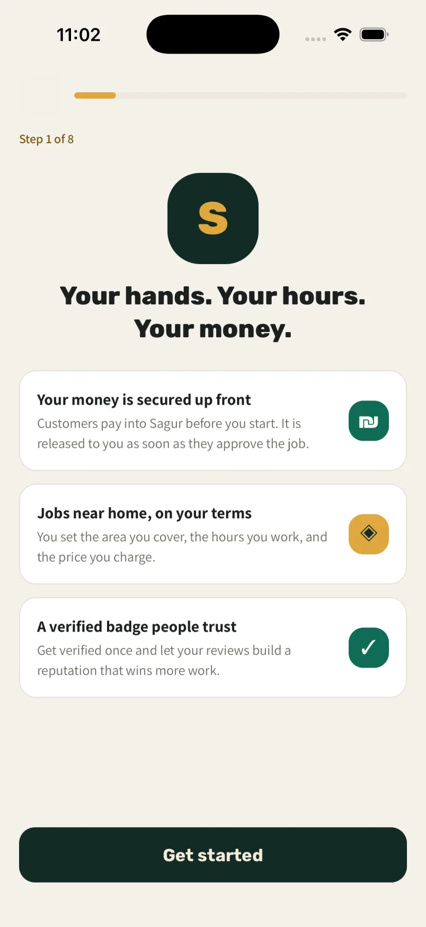 Sagur Work Mode intro screen listing secured payment, flexible terms, and the verified badge